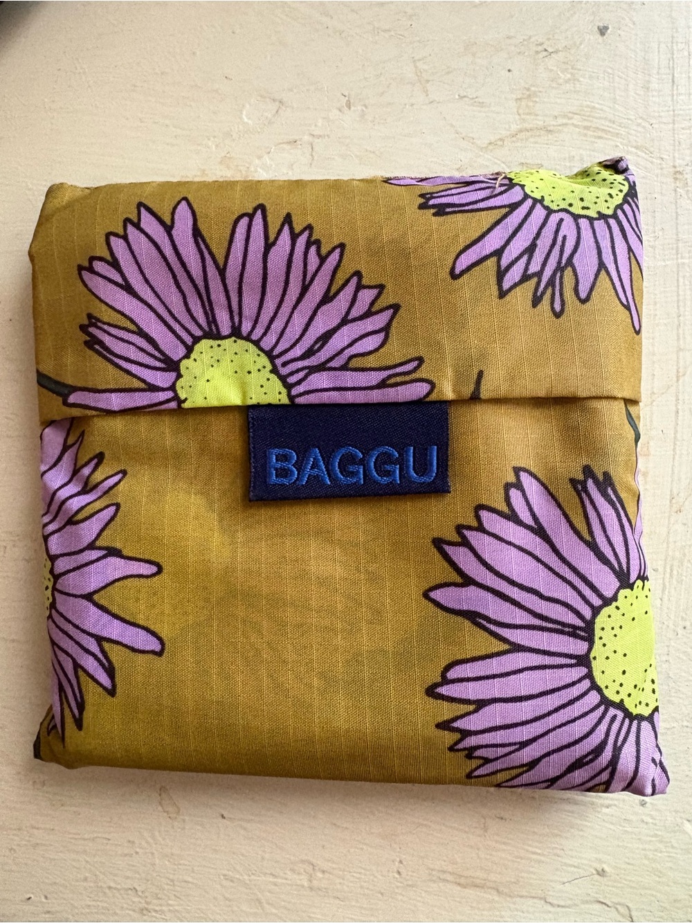 Standard Reusable BAGGU Mustard Yellow Tote with Purple Daisy Print
